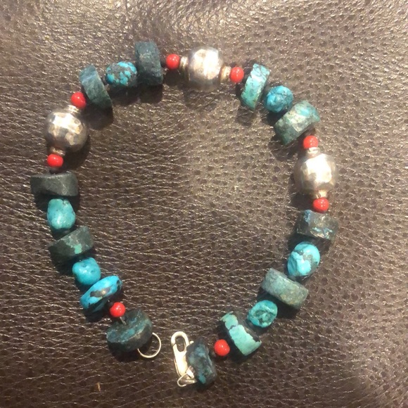 STERLING SILVER and TURQUOISE Rustic Bracelet with Lobster a Clasp - Picture 10 of 11